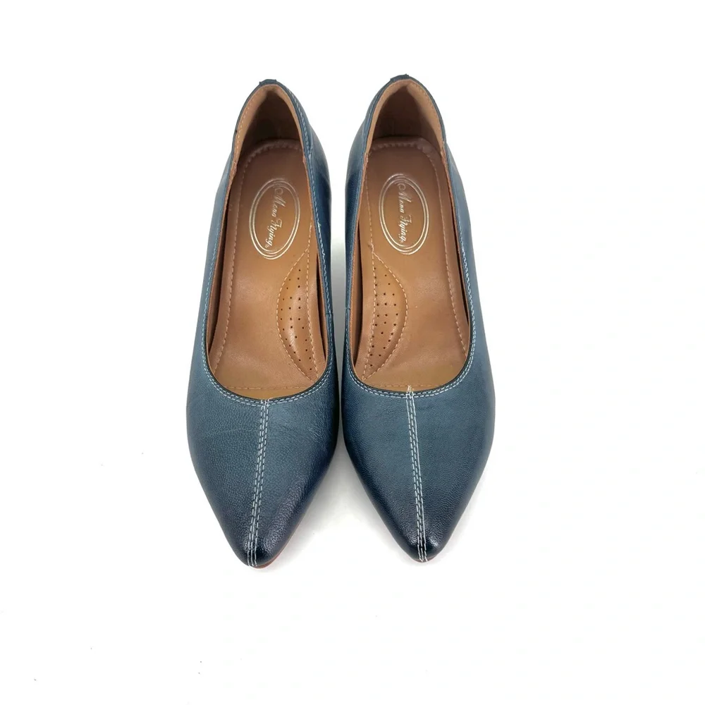 Mona Flying Leather Retro Pointed Toe Pumps Comfort Heels in Teal Size 7.5
